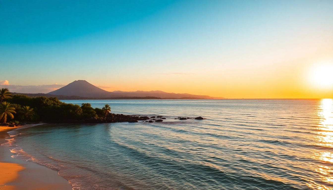 Lombok's scenic coastline with white sandy beaches and the towering Mount Rinjani in the background