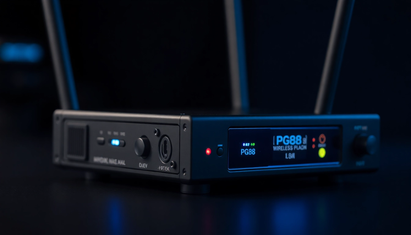 High-quality PG88 wireless microphone receiver showing LED indicators and connection ports, ideal for live sound setups.