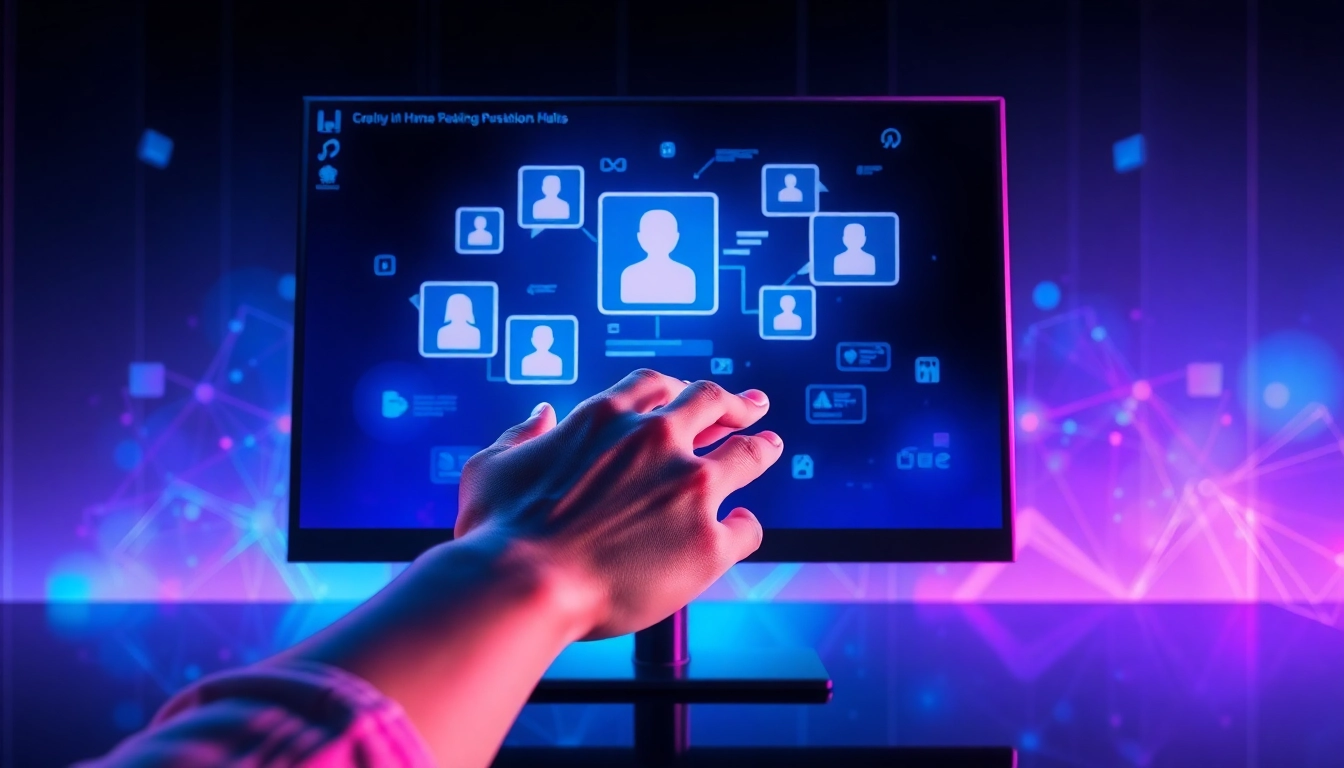 Futuristic AI interface with holographic chat and visuals in a dark modern setting.