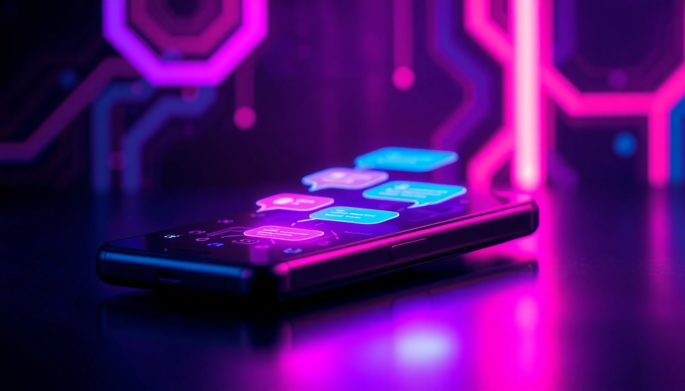 Close-up of a smartphone displaying a vibrant AI chat interface with glowing digital elements and futuristic design.