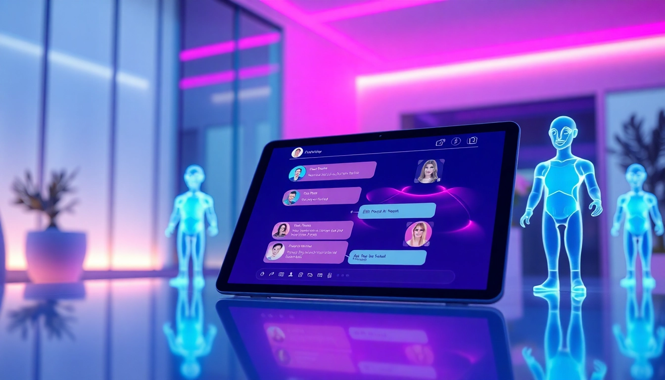 Futuristic digital chat interface with customizable AI characters on a tablet, glowing holograms, and a modern room background.