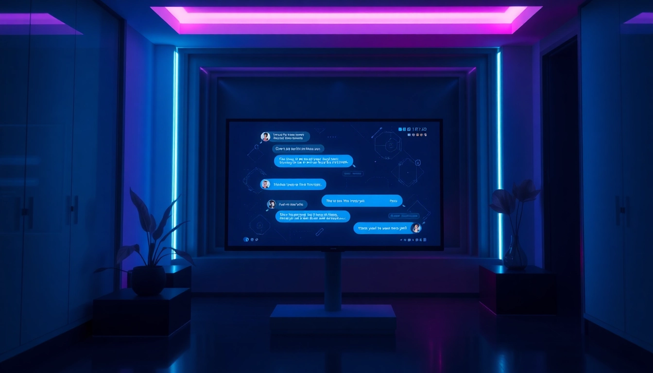 Futuristic digital interface with a chat window and AI character in a dimly lit room with blue and purple lighting.