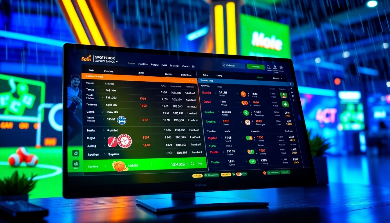Digital sportsbook and casino interface with sports icons and betting odds, illuminated with vibrant neon lights and rain effects.