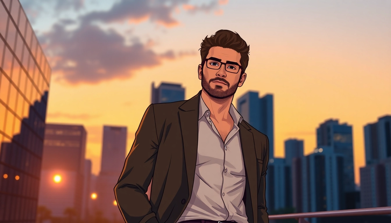 A confident mature man standing in an urban sunset scene, dressed stylishly with city lights in the background.