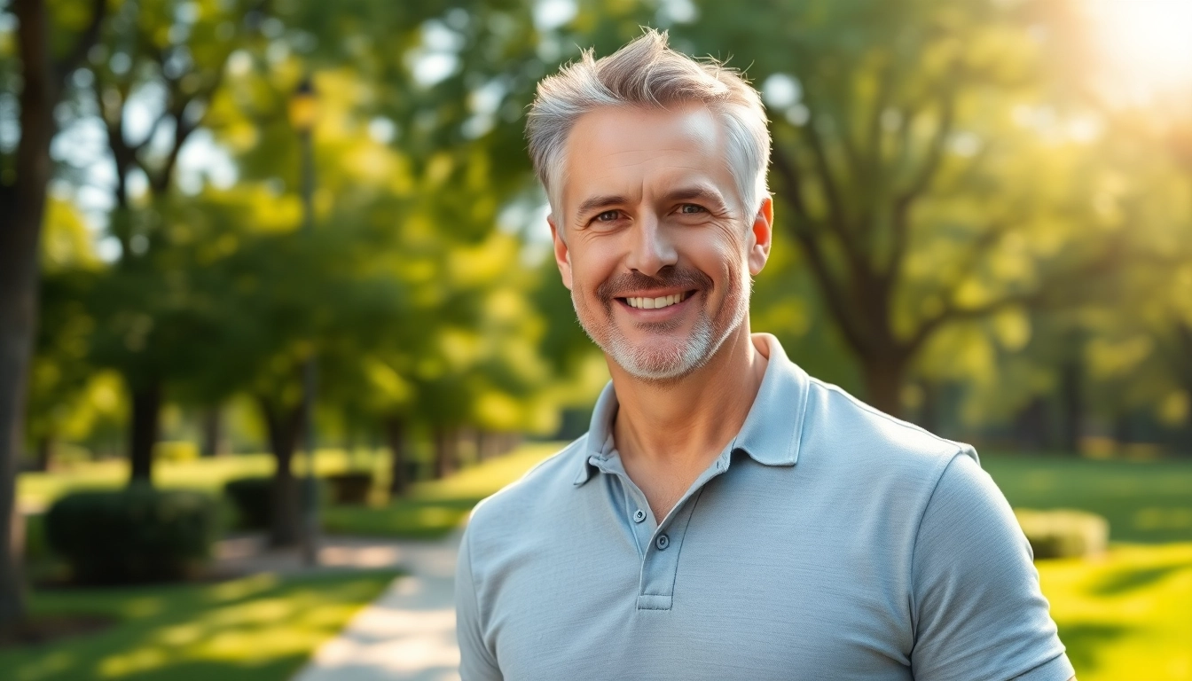 A confident, attractive mature man smiling outdoors in a sunny park setting.