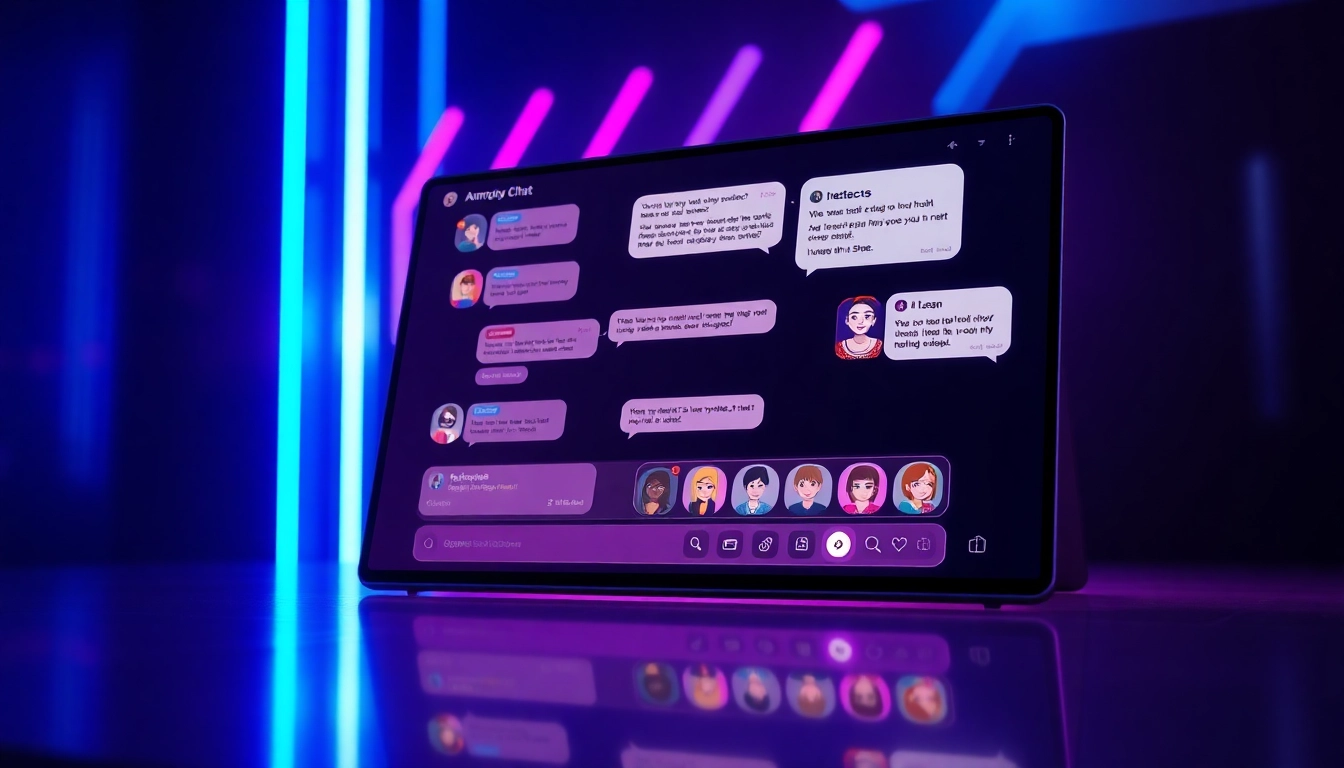 A futuristic AI chat interface on a high-tech screen with neon accents and digital avatars.