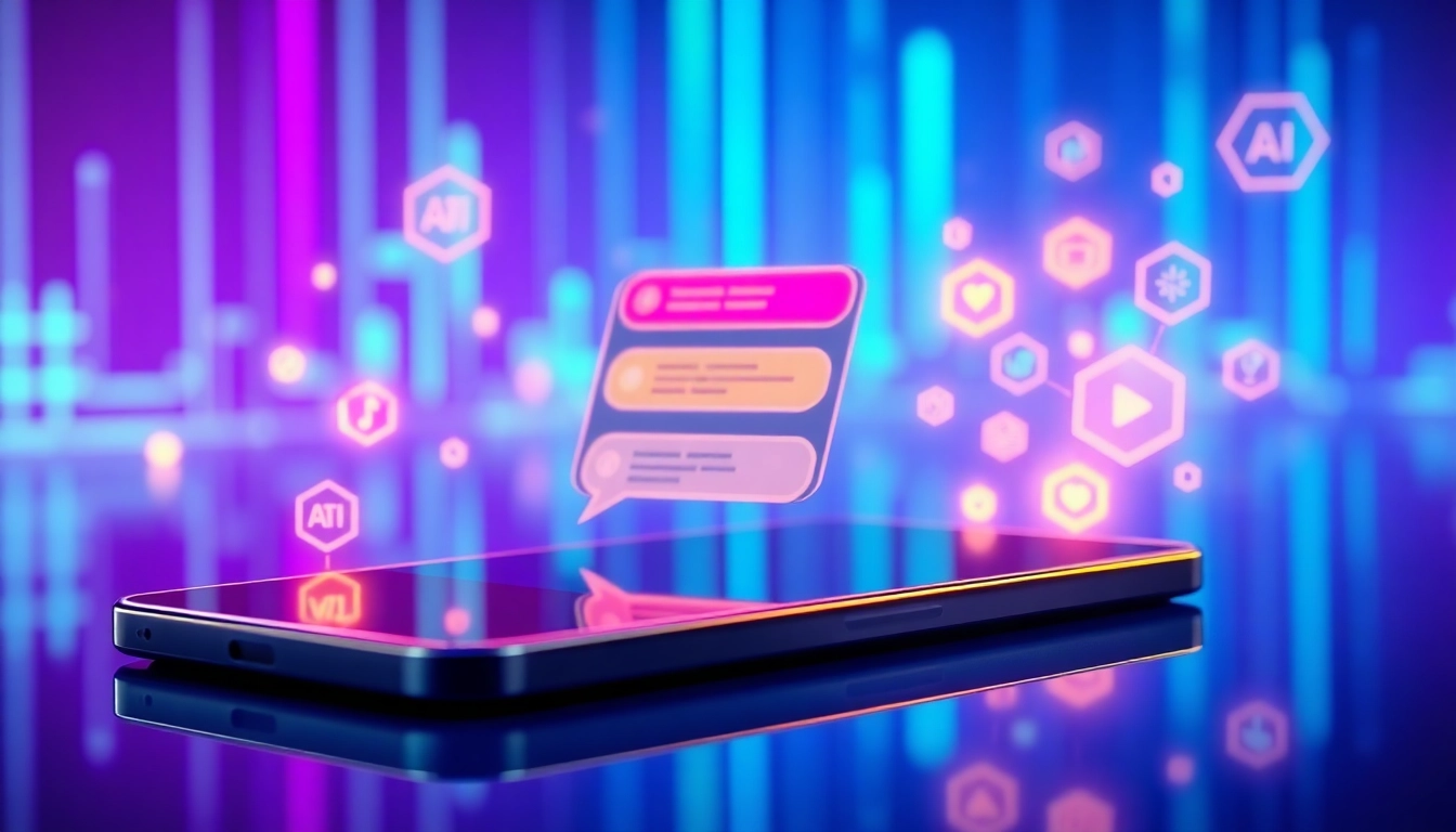 A futuristic digital chat interface on a device screen with neon lights and data streams, representing AI conversation technology.