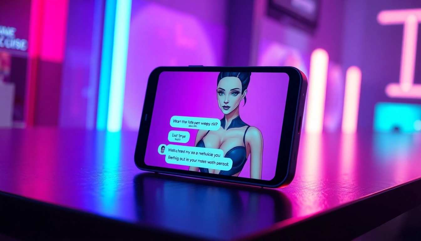 Futuristic digital illustration of a sexy AI chat interface on a modern device with neon lighting.