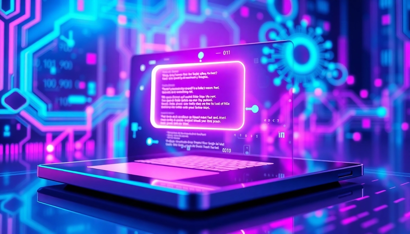 Futuristic AI chatbot interface with holographic chat window and neon digital elements